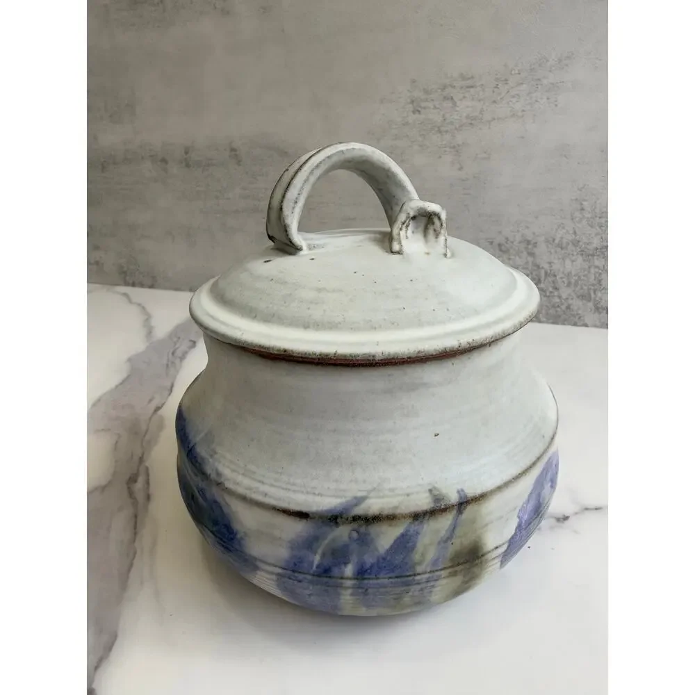 Studio Art Pottery Lidded Jar Speckled Gray & Blue Glaze Handled Ceramic Vessel